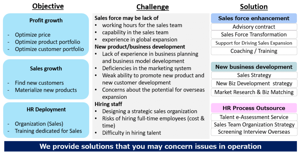 Profit growth, Optimize price, 
Optimize product portfolio, Optimize customer portfolio, Sales growth, Find new customers, Materialize new products, HR Deployment, 
Organization (Sales), Training dedicated for Sales, Sales force may be lack of 
working hours for the sales team
capability in the sales team
experience in global expansion
New product/business development
Lack of experience in business planning and business model development
Deficiencies in the marketing system
Weak ability to promote new product and new customer development
Concerns about the potential for overseas expansion
Hiring staff
Designing a strategic sales organization
Risks of hiring full-time employees (cost & time)
Difficulty in hiring talent, Sales force enhancement, Advisory contract, Sales Force Transformation, Support for Driving Sales Expansion, Coaching / Training, New business development, Sales Strategy, New Biz Development  strategy, Market Research & Biz Matching, HR Process Outsource,Talent e-Assessment Service,  Sales Team Organization Strategy, Screening Interview Overseas


